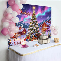 Lofaris Vibrant Aurora Christmas Backdrop with Santa and Reindeer Sleigh Festive Winter Village Background for Holiday Party Decor