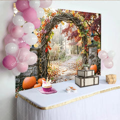 Lofaris Vibrant Autumn Archway Holiday Backdrop with Fall Leaves and Pumpkins Scenic Photography Background for Harvest Party Decor