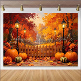 Lofaris Vibrant Autumn Forest Backdrop with Pumpkins and Street Lamps Rustic Wooden Fence Background for Fall Harvest Party