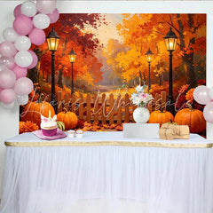 Lofaris Vibrant Autumn Forest Backdrop with Pumpkins and Street Lamps Rustic Wooden Fence Background for Fall Harvest Party