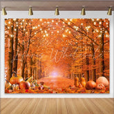 Lofaris Vibrant Autumn Forest Backdrop with String Lights and Pumpkins Fall Harvest Photography Background for Thanksgiving Decor