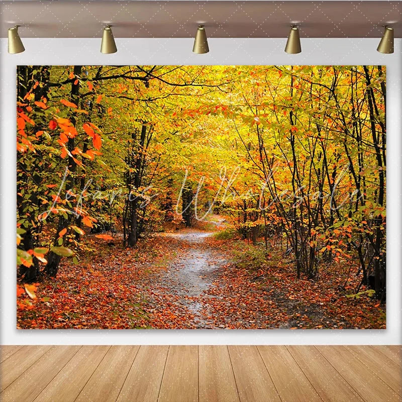 Lofaris Vibrant Autumn Forest Photography Backdrop with Golden Leaves Natural Scenery Background for Studio Photoshoot and Fall Decor