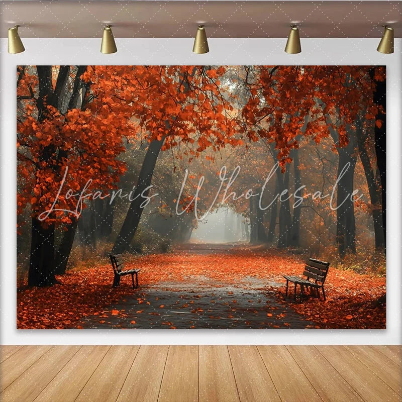 Lofaris Vibrant Autumn Forest Photography Backdrop with Orange Leaves and Misty Path Natural Scenery Background for Studio Photoshoot
