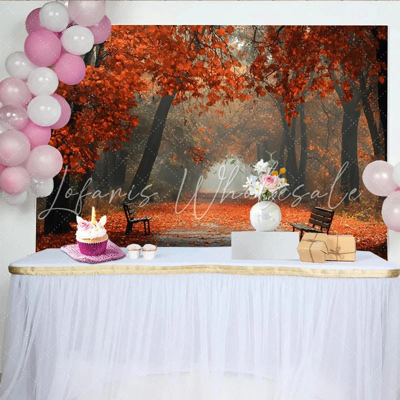 Lofaris Vibrant Autumn Forest Photography Backdrop with Orange Leaves and Misty Path Natural Scenery Background for Studio Photoshoot