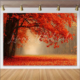 Lofaris Vibrant Autumn Forest Photography Backdrop with Orange Red Leaves and Misty Path Scenic Nature Background for Studio Portrait