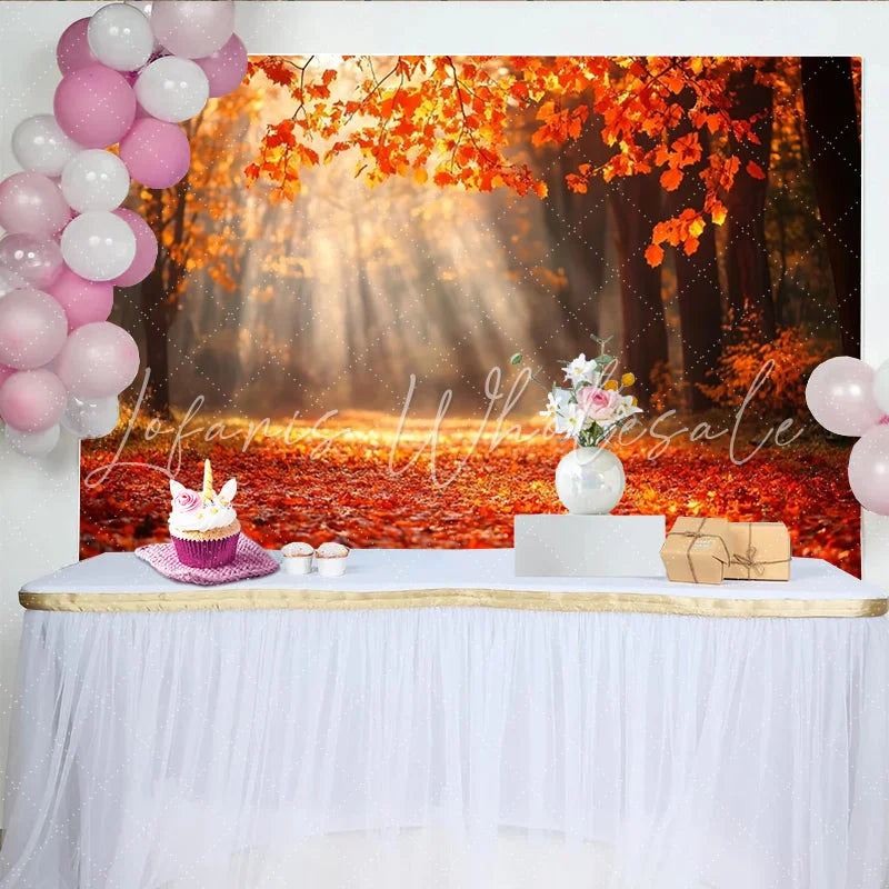 Lofaris Vibrant Autumn Forest Photography Backdrop with Sun Rays and Orange Leaves Scenic Background for Fall Photoshoot and Studio Decor