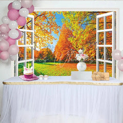 Lofaris Vibrant Autumn Forest View Through Open Window Photography Backdrop Colorful Fall Leaves and Blue Sky Scene