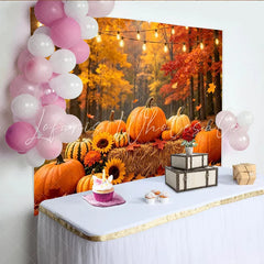 Lofaris Vibrant Autumn Harvest Holiday Backdrop with Pumpkins and Sunflowers Cozy Fall Forest Photography Background for Thanksgiving