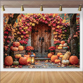 Lofaris Vibrant Autumn Harvest Photography Backdrop with Pumpkins and Fall Leaves Rustic Wooden Door Background for Seasonal Portraits