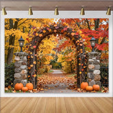 Lofaris Vibrant Autumn Leaves Photography Backdrop with Rustic Archway and Pumpkins Fall Foliage Studio Background for Photoshoot