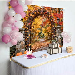 Lofaris Vibrant Autumn Leaves Photography Backdrop with Rustic Archway and Pumpkins Fall Foliage Studio Background for Photoshoot