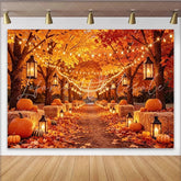 Lofaris Vibrant Autumn Leaves Pumpkin Lantern Backdrop for Fall Harvest Festive String Lights Background for Thanksgiving Halloween Party