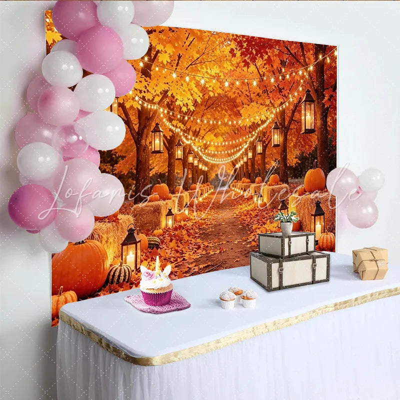 Lofaris Vibrant Autumn Leaves Pumpkin Lantern Backdrop for Fall Harvest Festive String Lights Background for Thanksgiving Halloween Party