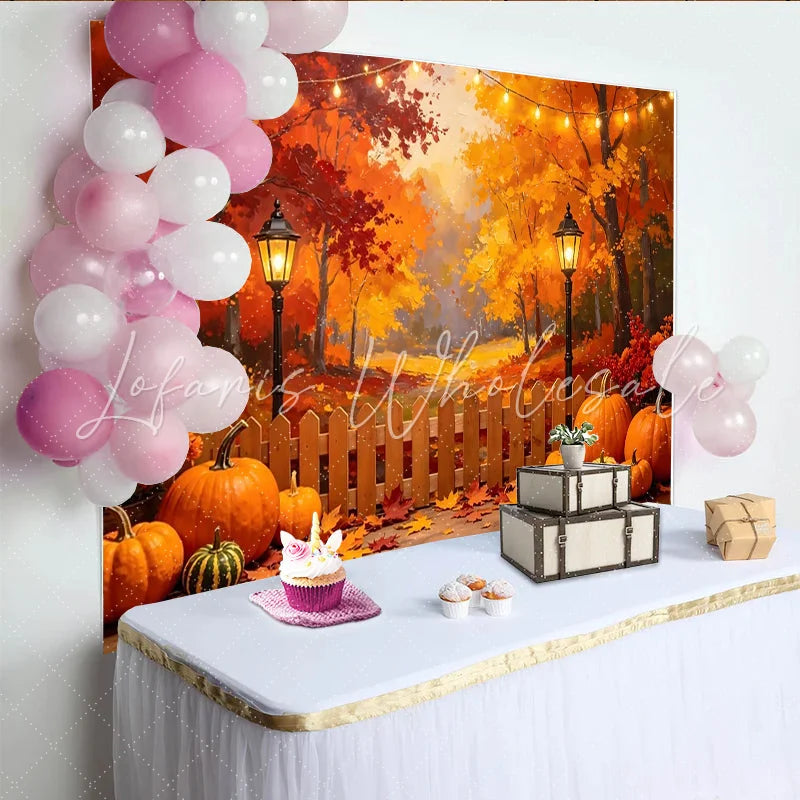 Lofaris Vibrant Autumn Photography Backdrop with Fall Trees Pumpkins and String Lights Cozy Wooden Fence for Harvest Season Photoshoot