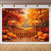 Lofaris Vibrant Autumn Photography Backdrop with Fall Trees Pumpkins and String Lights Cozy Wooden Fence for Harvest Season Photoshoot