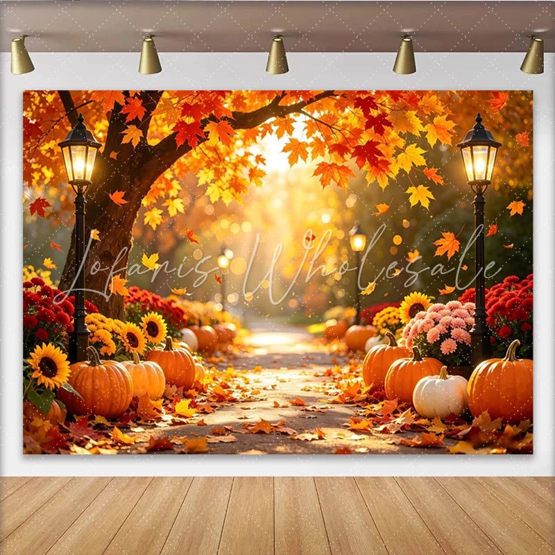Lofaris Vibrant Autumn Photography Backdrop with Falling Maple Leaves and Pumpkins Warm Street Lamps and Path Scenic Fall for Photo