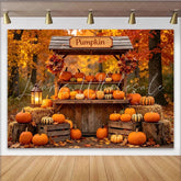 Lofaris Vibrant Autumn Pumpkin Backdrop with Wooden Stand Hay Bales and Fall Leaves Thanksgiving Harvest Photography Background