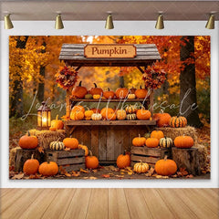 Lofaris Vibrant Autumn Pumpkin Backdrop with Wooden Stand Hay Bales and Fall Leaves Thanksgiving Harvest Photography Background