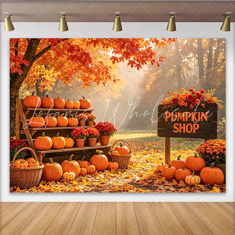Lofaris Vibrant Autumn Pumpkin Shop Backdrop with Fall Leaves Seasonal Harvest Photography Background for Fall Festival Decor