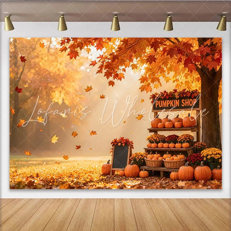 Lofaris Vibrant Autumn Pumpkin Shop Backdrop with Falling Leaves and Harvest Decor Fall Photography Background for Studio Photoshoot