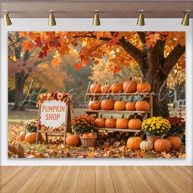 Lofaris Vibrant Autumn Pumpkin Shop Holiday Backdrop with Fall Leaves Cozy Seasonal Photography Background for Fall Festival Decor