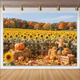 Lofaris Vibrant Autumn Sunflower Photography Backdrop with Pumpkins and Scarecrow Rustic Fall Harvest Background for Studio Photoshoot