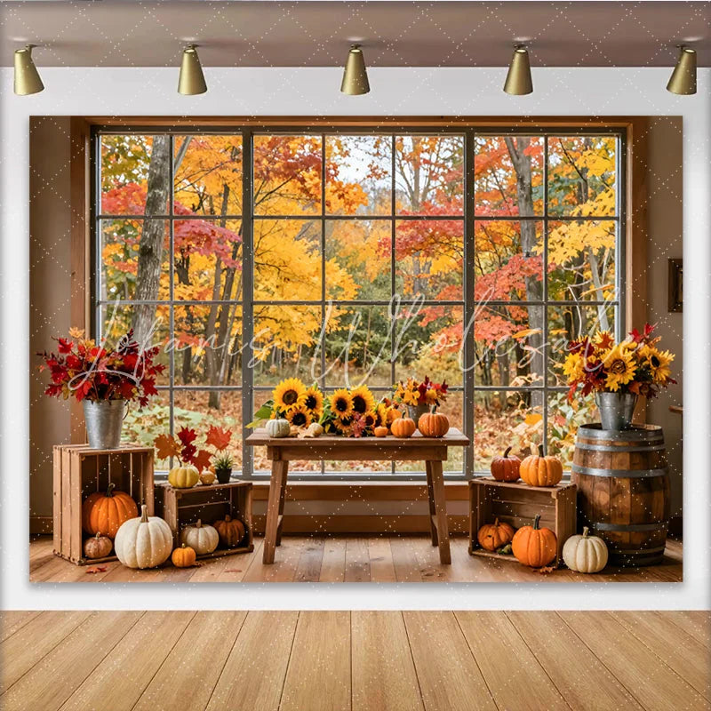 Lofaris Vibrant Autumn Window Photography Backdrop with Pumpkins and Sunflowers Rustic Fall Forest Background for Studio Photoshoots