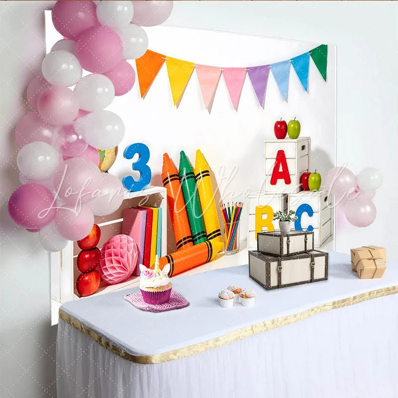 Lofaris Vibrant Back to School Backdrop with ABC Letters Crayons and Apples Educational Photography Background for Classroom Decor