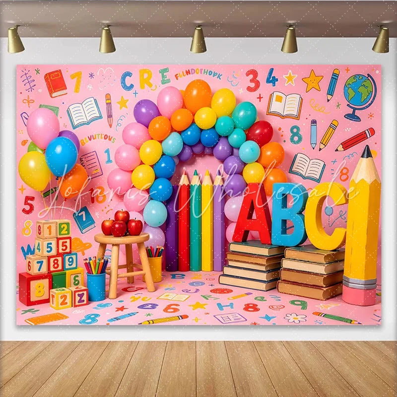Lofaris Vibrant Back To School Backdrop with ABC Letters Numbers and Balloons Fun Photography Background for Classroom Decor