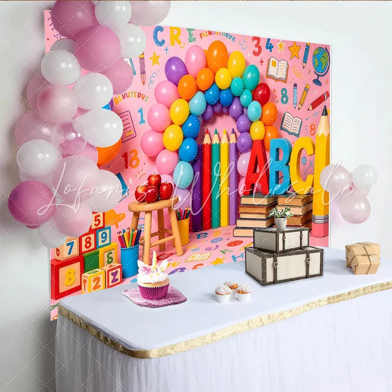 Lofaris Vibrant Back To School Backdrop with ABC Letters Numbers and Balloons Fun Photography Background for Classroom Decor