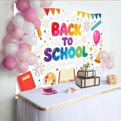 Lofaris Vibrant Back To School Backdrop with Alarm Clock Books and Apple Educational Theme Background for Classroom Decor