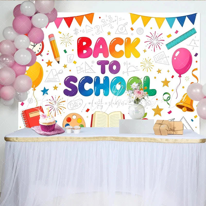 Lofaris Vibrant Back To School Backdrop with Alarm Clock Books and Apple Educational Theme Background for Classroom Decor