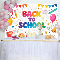 Lofaris Vibrant Back To School Backdrop with Alarm Clock Books and Apple Educational Theme Background for Classroom Decor