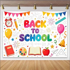 Lofaris Vibrant Back To School Backdrop with Alarm Clock Books and Apple Educational Theme Background for Classroom Decor
