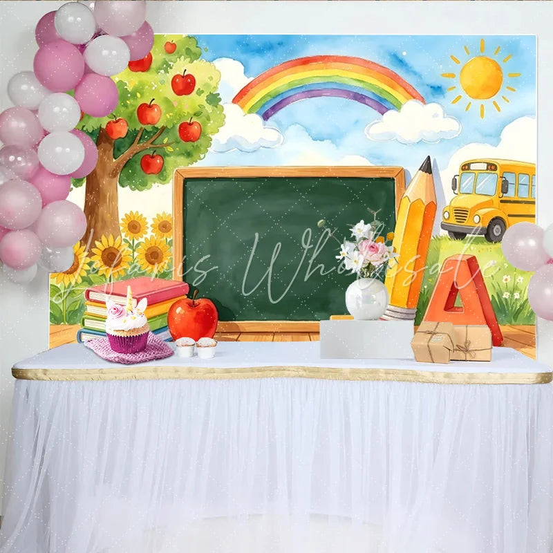 Lofaris Vibrant Back To School Backdrop with Apple Tree Rainbow and School Bus Classroom Learning Theme for Photography