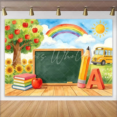 Lofaris Vibrant Back To School Backdrop with Apple Tree Rainbow and School Bus Classroom Learning Theme for Photography
