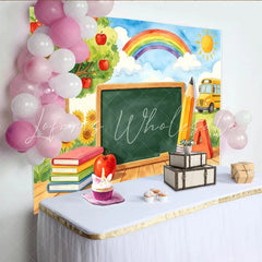 Lofaris Vibrant Back To School Backdrop with Apple Tree Rainbow and School Bus Classroom Learning Theme for Photography