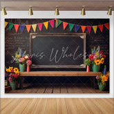 Lofaris Vibrant Back To School Backdrop with Blackboard and Colorful Bunting Flags Floral Decor for Classroom Photography and Party