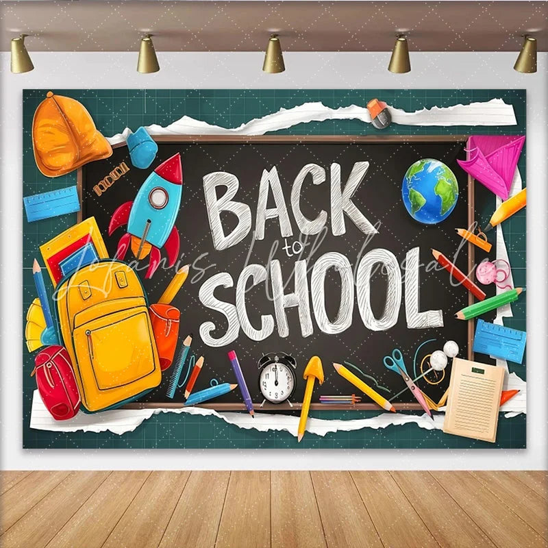 Lofaris Vibrant Back To School Backdrop with Blackboard and School Supplies Colorful Photography Background for Classroom Decor