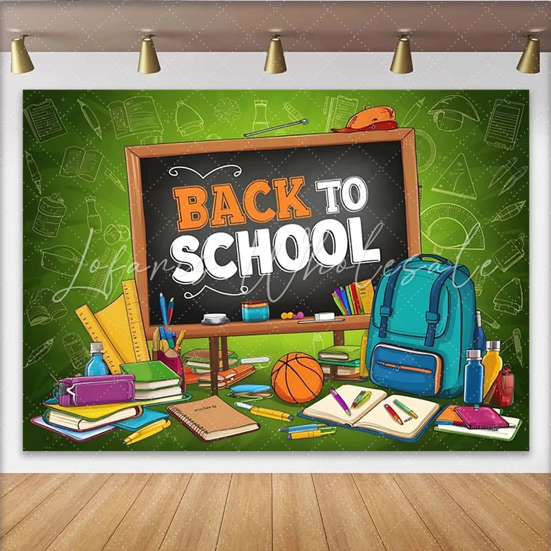 Lofaris Vibrant Back To School Backdrop with Blackboard and School Supplies Colorful Classroom Background for First Day Party Decor