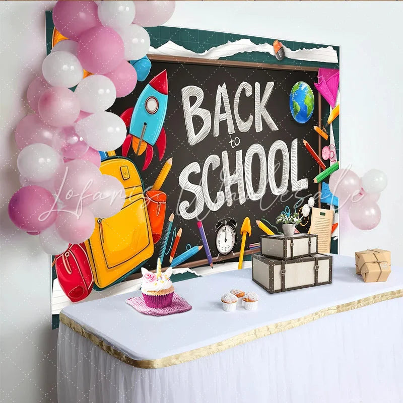 Lofaris Vibrant Back To School Backdrop with Blackboard and School Supplies Colorful Photography Background for Classroom Decor