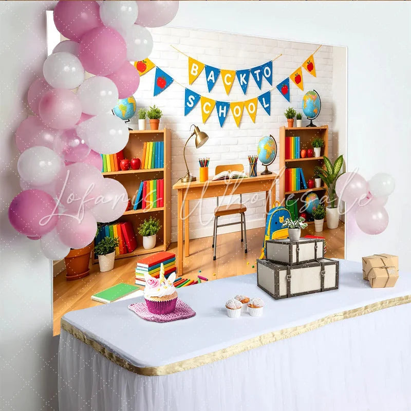 Lofaris Vibrant Back To School Backdrop with Books and Globes Educational Classroom Background for Photography and Party Decor.