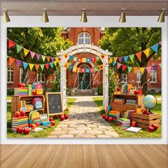 Lofaris Vibrant Back To School Backdrop with Books Apples and Backpacks Photography Background for Classroom Party Decoration