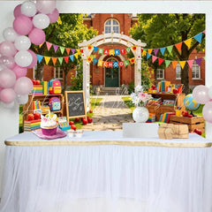 Lofaris Vibrant Back To School Backdrop with Books Apples and Backpacks Photography Background for Classroom Party Decoration