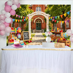 Lofaris Vibrant Back to School Backdrop with Books Backpacks and Apples Festive Photography Background for Classroom and Party Decor