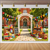 Lofaris Vibrant Back to School Backdrop with Books Backpacks and Apples Festive Photography Background for Classroom and Party Decor