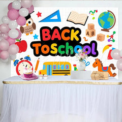 Lofaris Vibrant Back To School Backdrop with Cartoon Owl Bus and Books Educational Photo Background for Classroom Decor