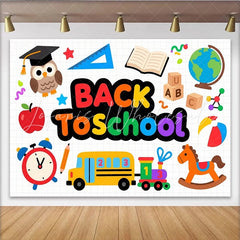 Lofaris Vibrant Back To School Backdrop with Cartoon Owl Bus and Books Educational Photo Background for Classroom Decor