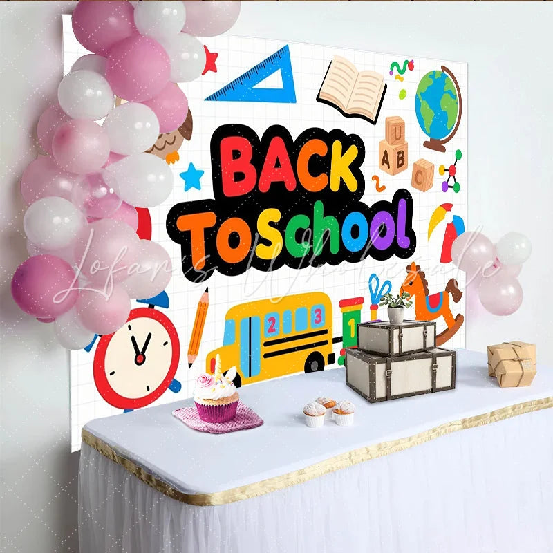 Lofaris Vibrant Back To School Backdrop with Cartoon Owl Bus and Books Educational Photo Background for Classroom Decor