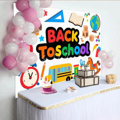 Lofaris Vibrant Back To School Backdrop with Cartoon Owl Bus and Books Educational Photo Background for Classroom Decor